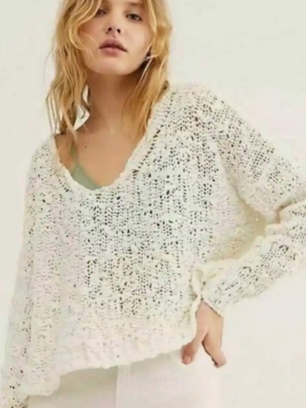 FREE PEOPLE Sunday Shore Pullover Sweater Womens Medium White Chunky Open Knit